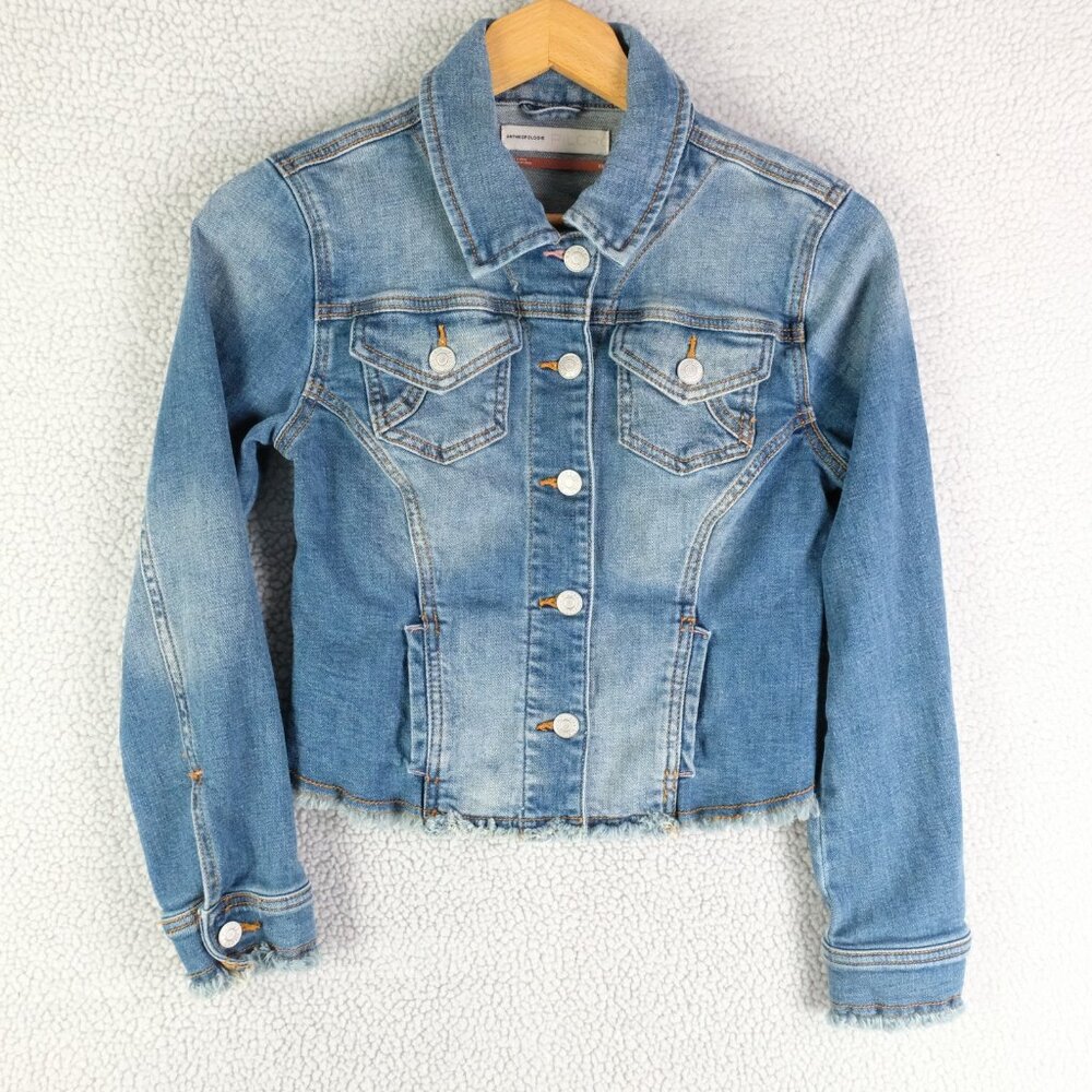 Anthropologie Pilcro Denim Jacket Womens XSP Distressed Cropped Raw Hem Jean
